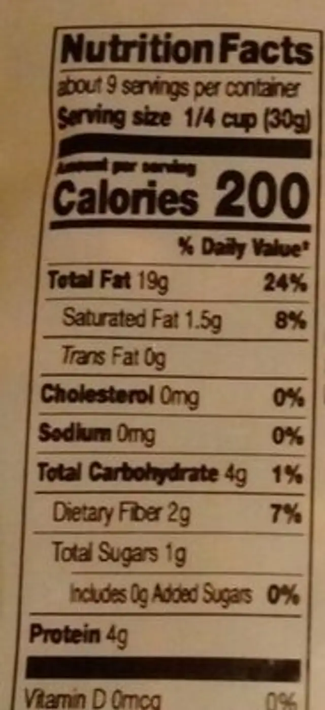 Organic Walnuts nutrition facts table