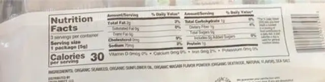 Organic Wasabi Seaweed Snack nutrition facts table