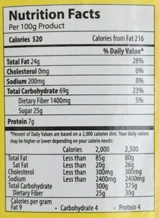 Cookies Badami nutrition facts table