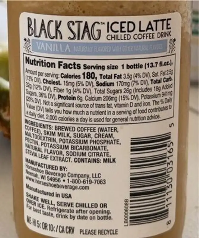 Iced Latte Vanilla nutrition facts table
