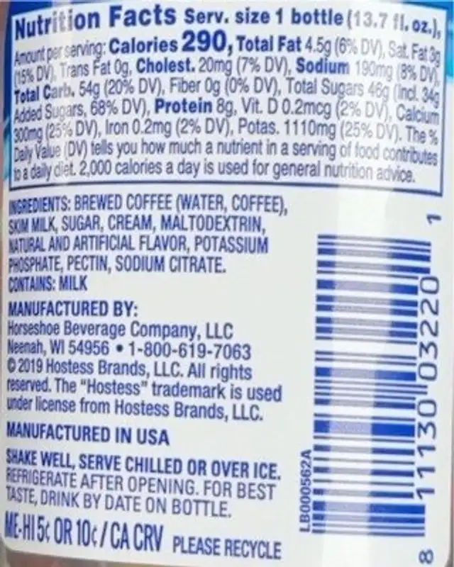 Iced Latte Coffee Twinkies nutrition facts table