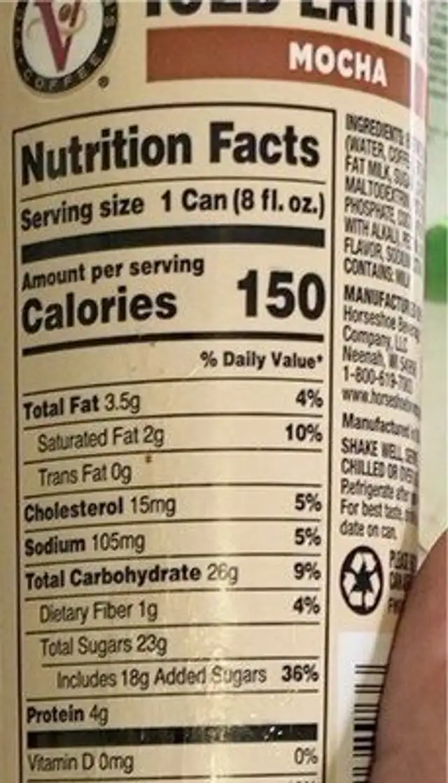 Iced latte sweet coffee beverage (mocha) nutrition facts table