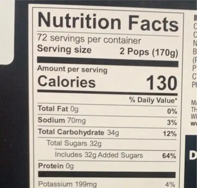 Sports Freezer Pops nutrition facts table