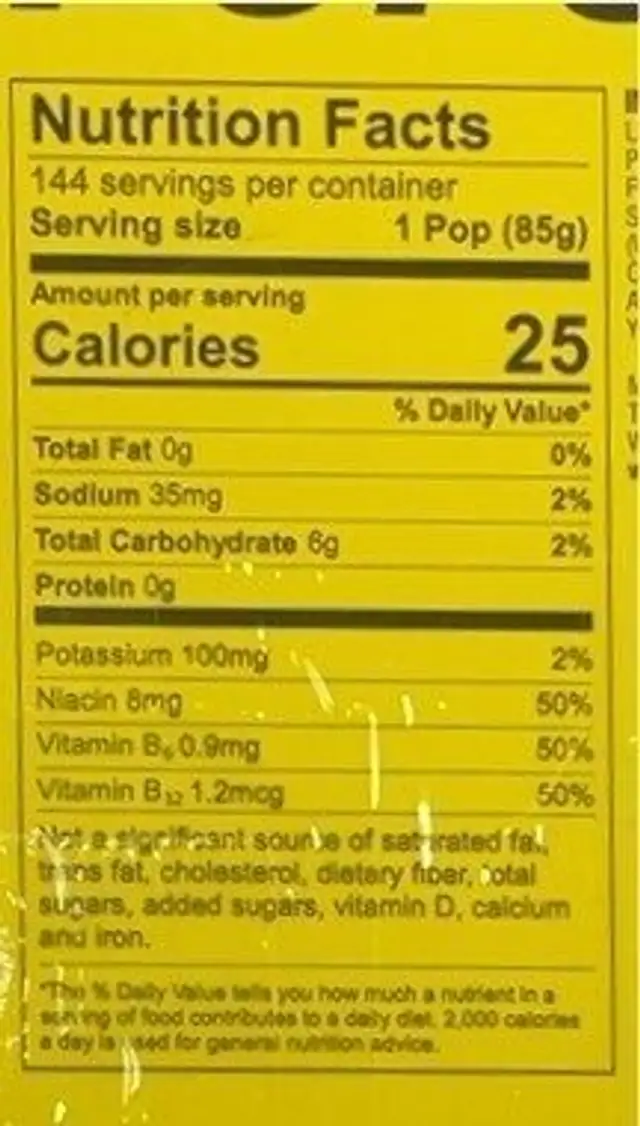 Sports Freezer Pops nutrition facts table