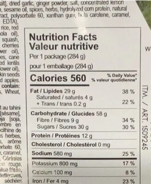 Winter Solstice nutrition facts table