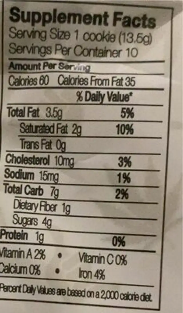 Cannabis-infused Chocolate Chip Mini Cookies nutrition facts table