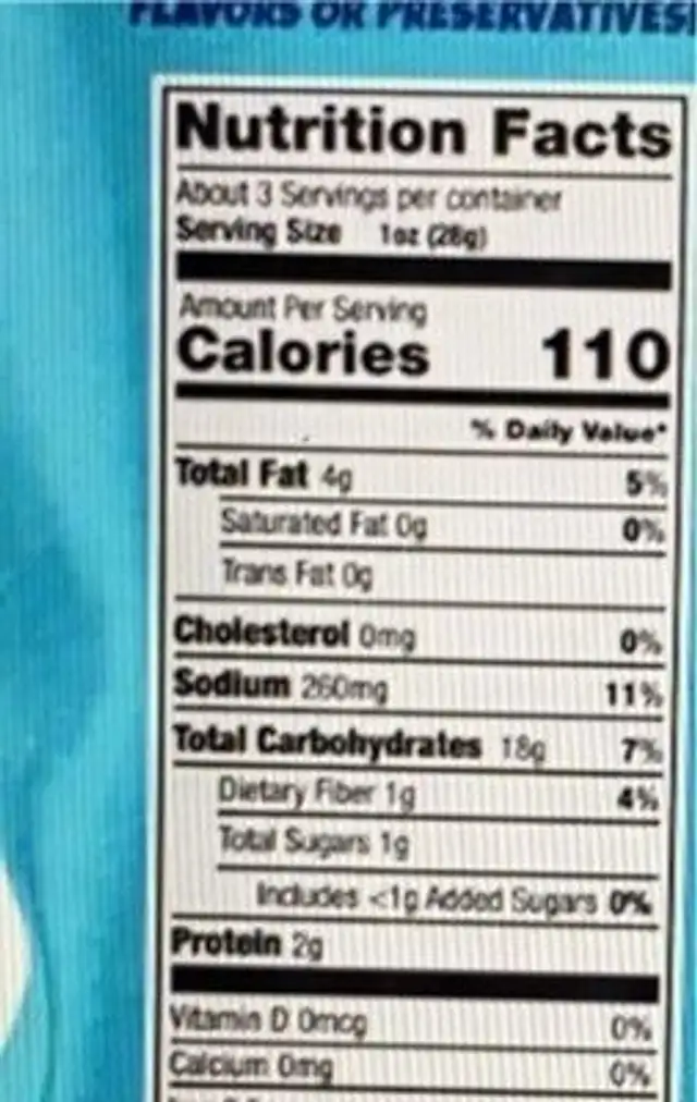 Popped chips nutrition facts table