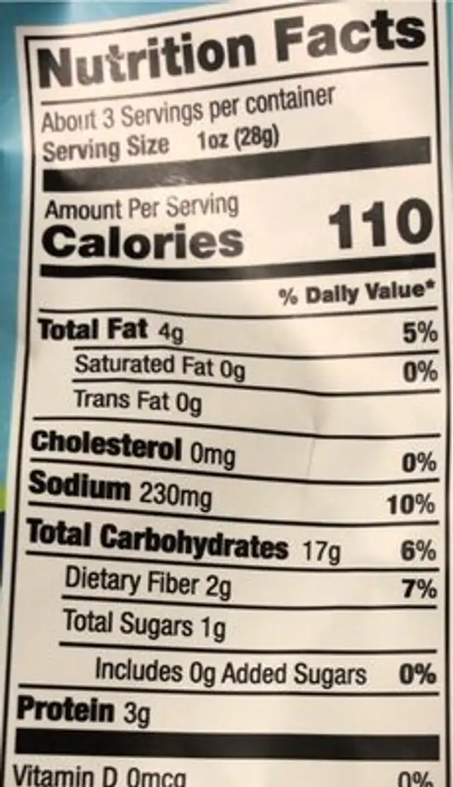 Popped chips nutrition facts table