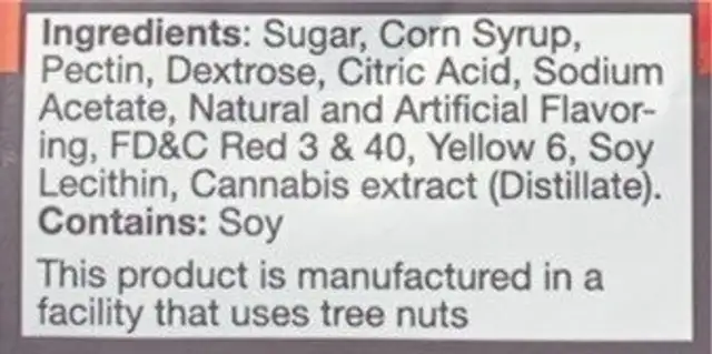 Cannabis infused peach fruit chews nutrition facts table