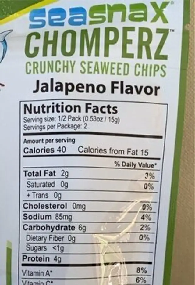 Chomperz crunchy seaweed chips jalapeno nutrition facts table