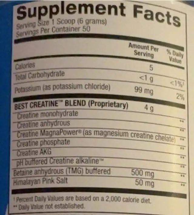 Creatine nutrition facts table