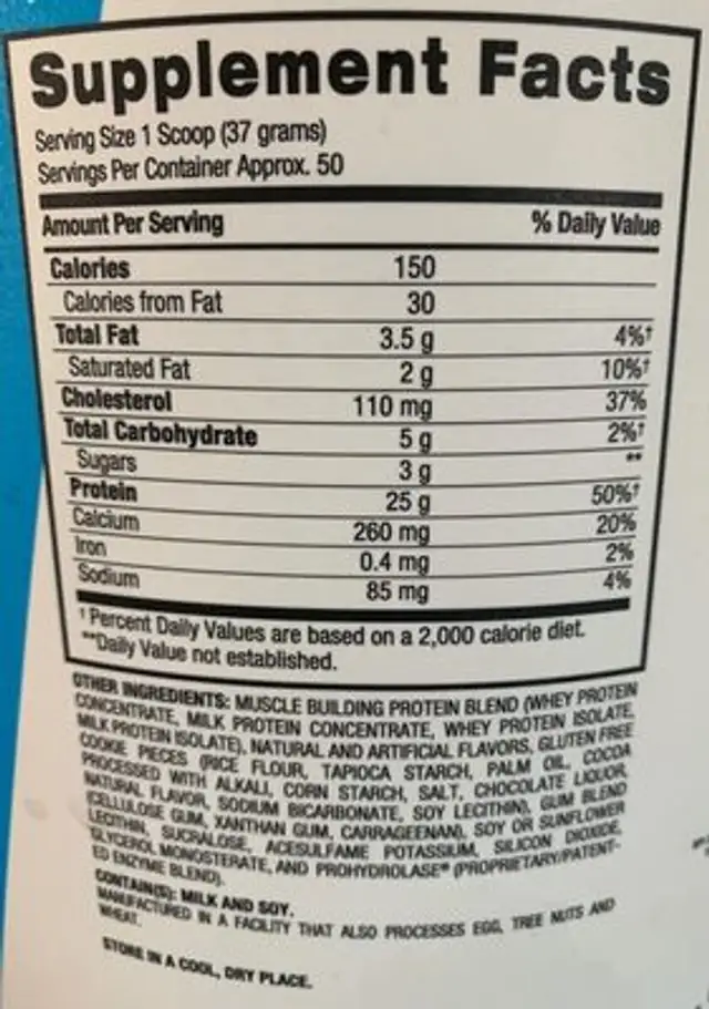 Whey HD nutrition facts table