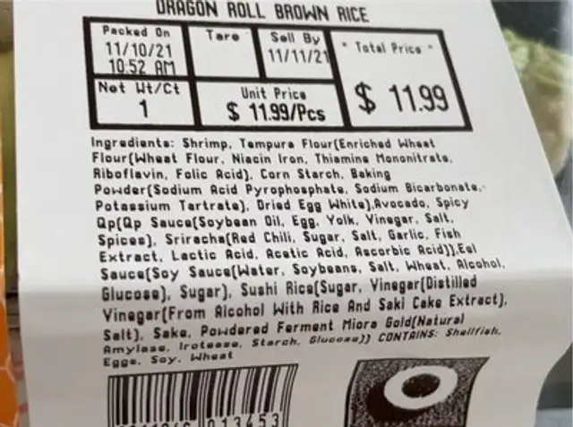Dragon roll brown rice nutrition facts table