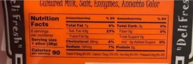 Deli Fresh Muenster Cheese nutrition facts table