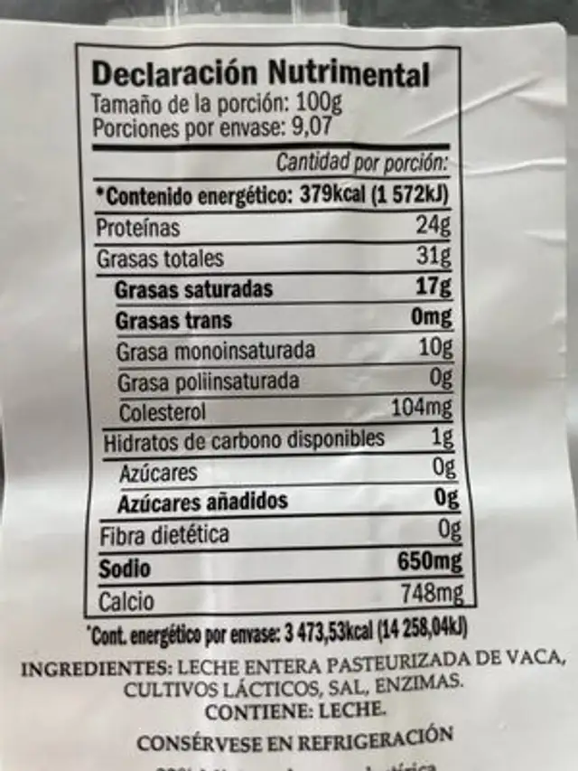 Unknown nutrition facts table
