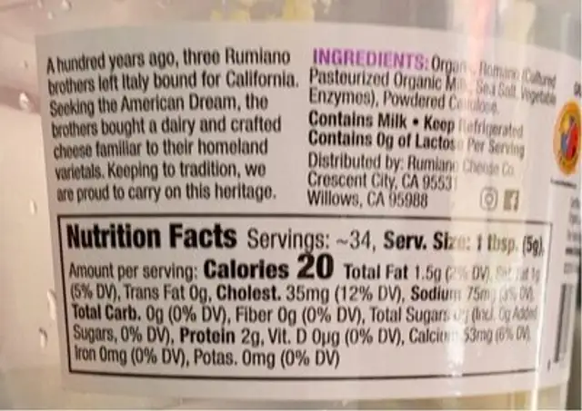 Grated Romano Cheese nutrition facts table