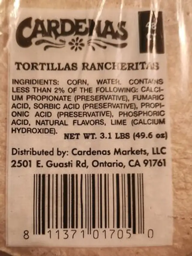 Tortillas Rancheritas ingredients label