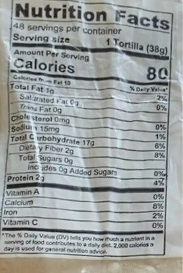 Tortillas Rancheritas nutrition facts table