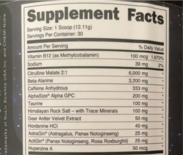 BAMF pre workout nutrition facts table