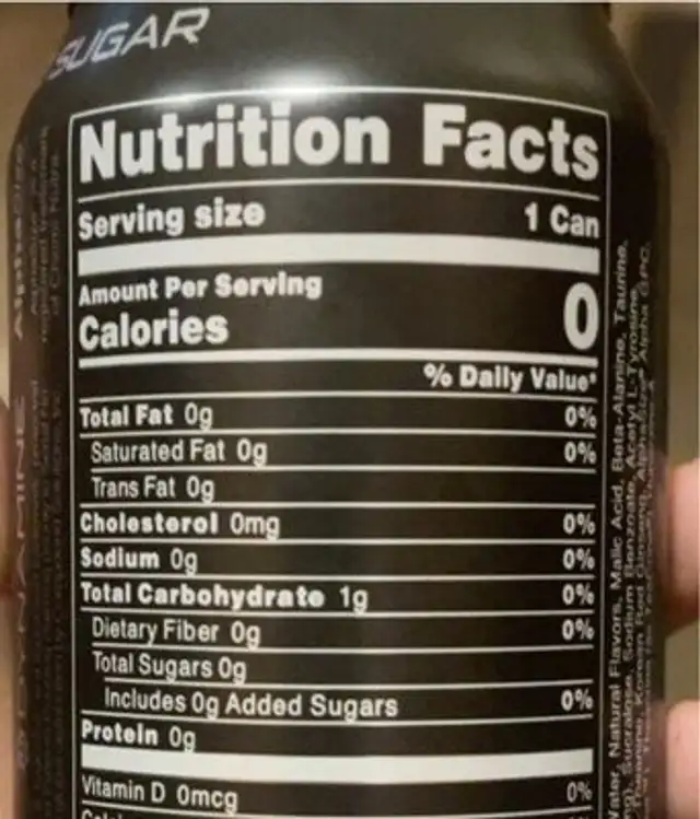 Energy drink nutrition facts table