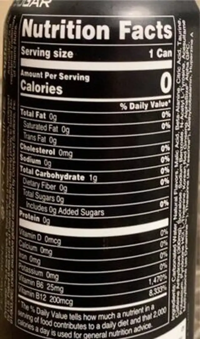 Bucked Up Energy nutrition facts table