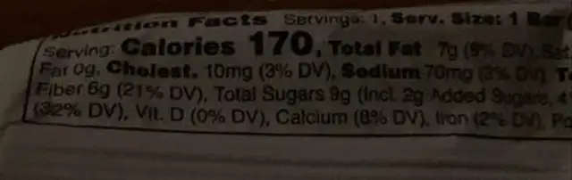 BuckBar nutrition facts table