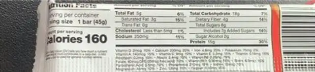 Fudge Graham Protein Bar nutrition facts table