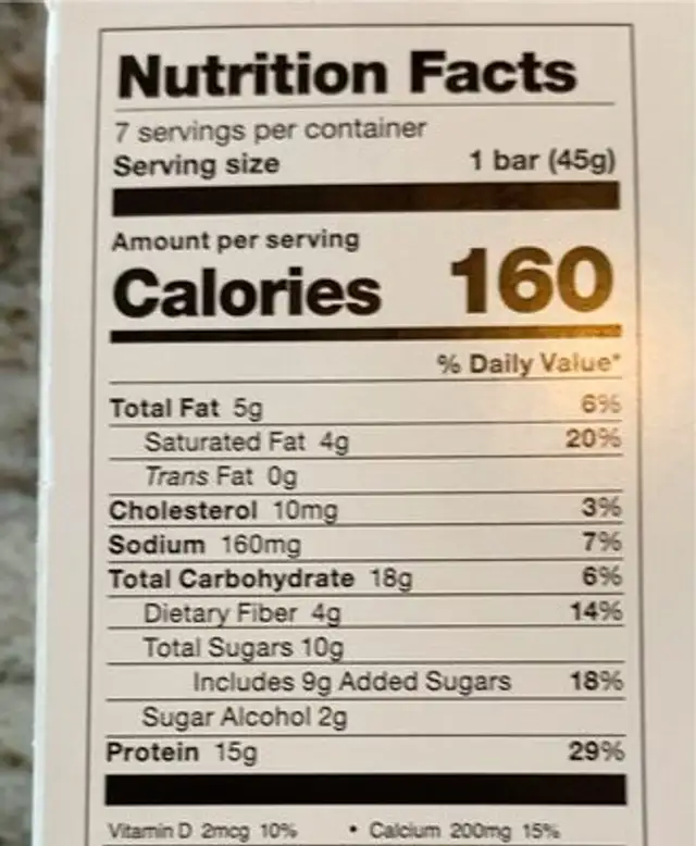 Caramel cocoa protein bar nutrition facts table