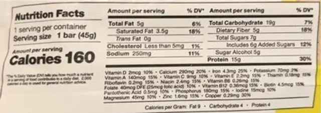 Glazed Sugar Cookie Protien Bar nutrition facts table