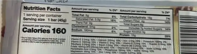 Chocolate Almond protein bar nutrition facts table