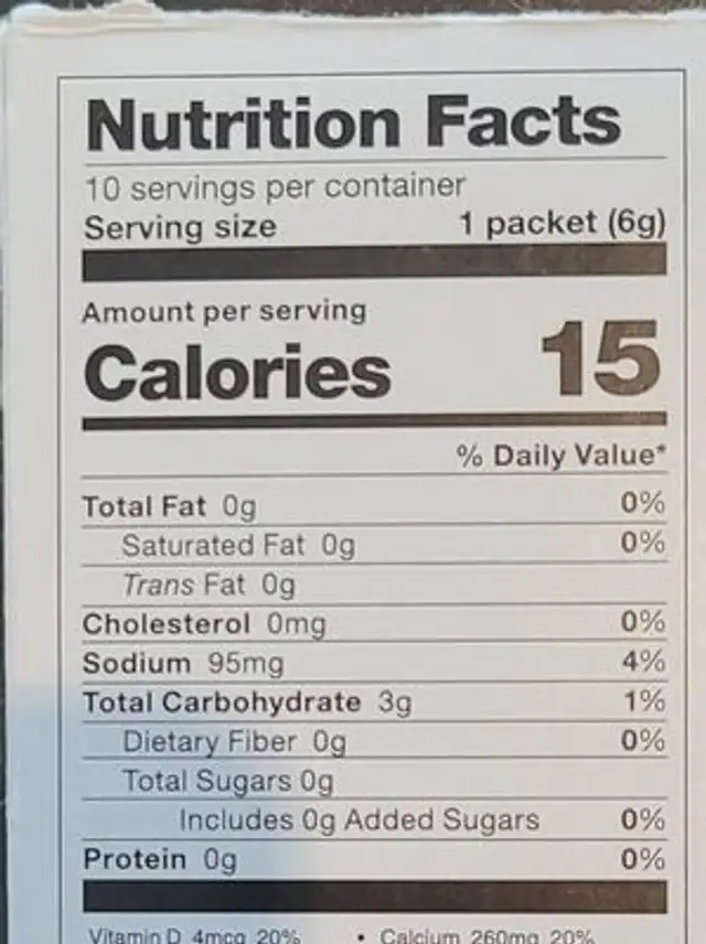H2Energy nutrition facts table