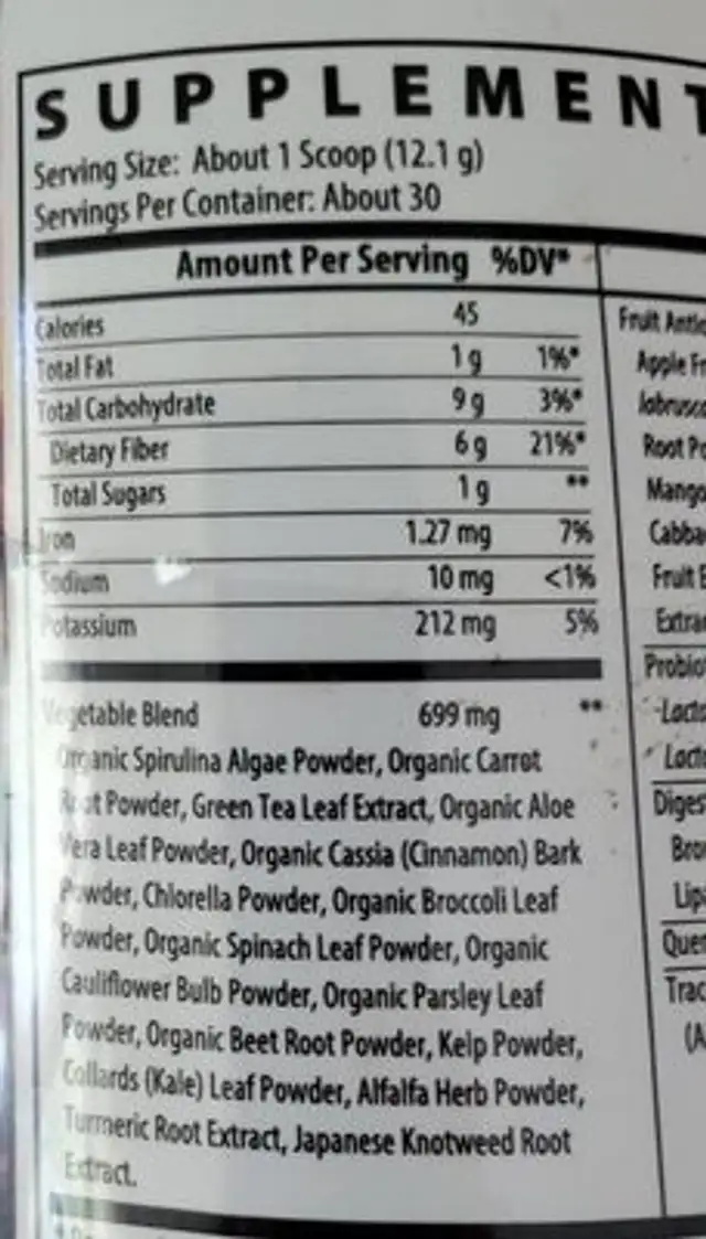 Veggies plus nutrition facts table