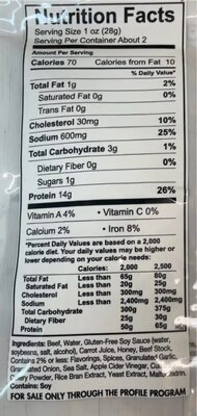 Beef jerky nutrition facts table