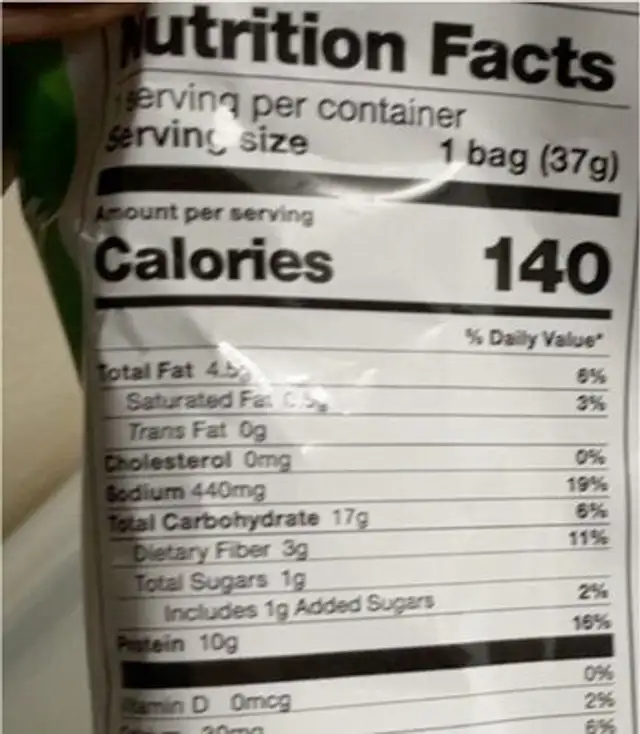 Sour cream and onion plant-based protein chips nutrition facts table