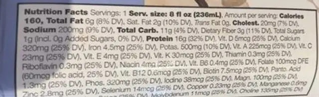 Vanilla Protein Shake nutrition facts table