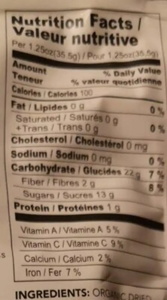 Organic Turkish Apricots nutrition facts table