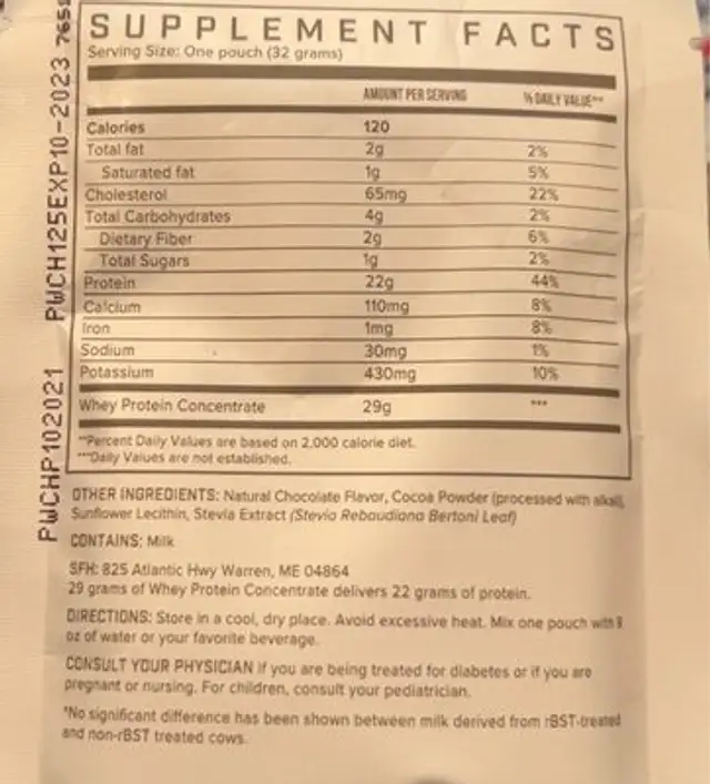 Pure whey protein nutrition facts table