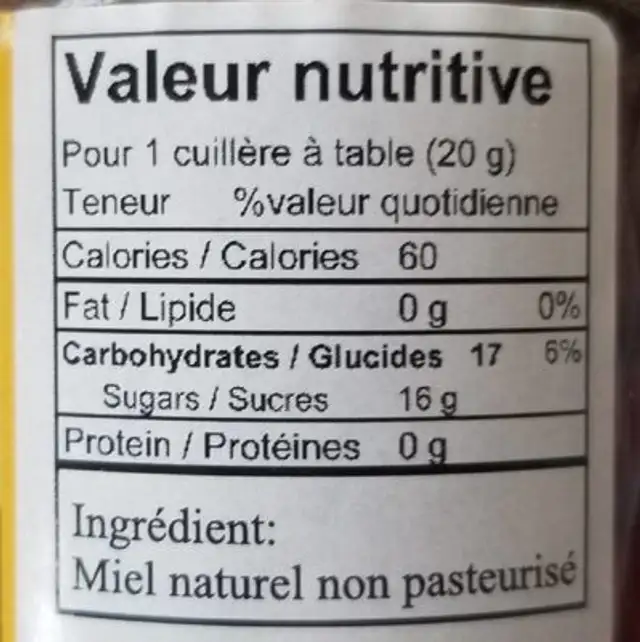 Miel nutrition facts table