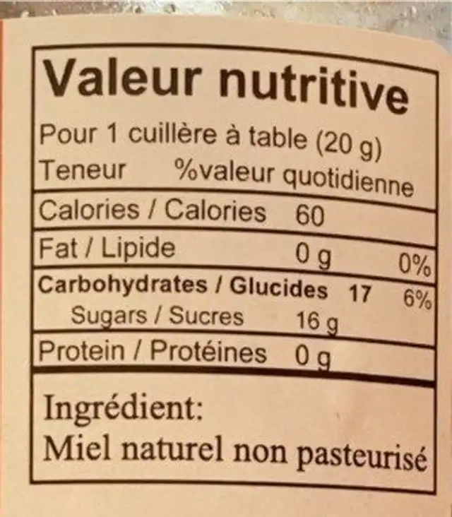Miel naturel non-pasteurisé nutrition facts table