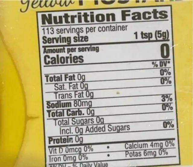 Yellow mustard nutrition facts table