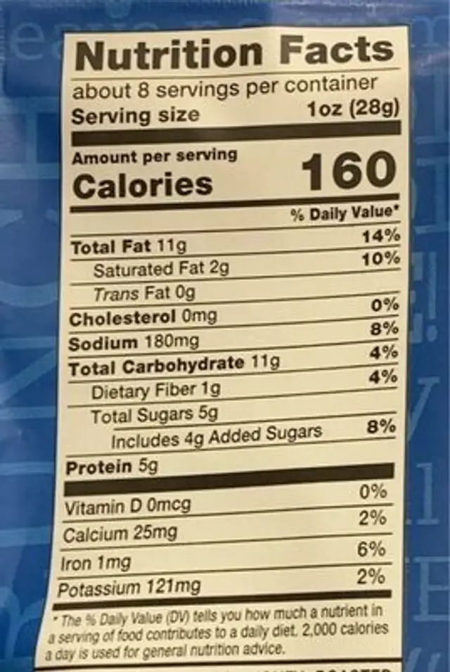 Sweet and savory party mix nutrition facts table