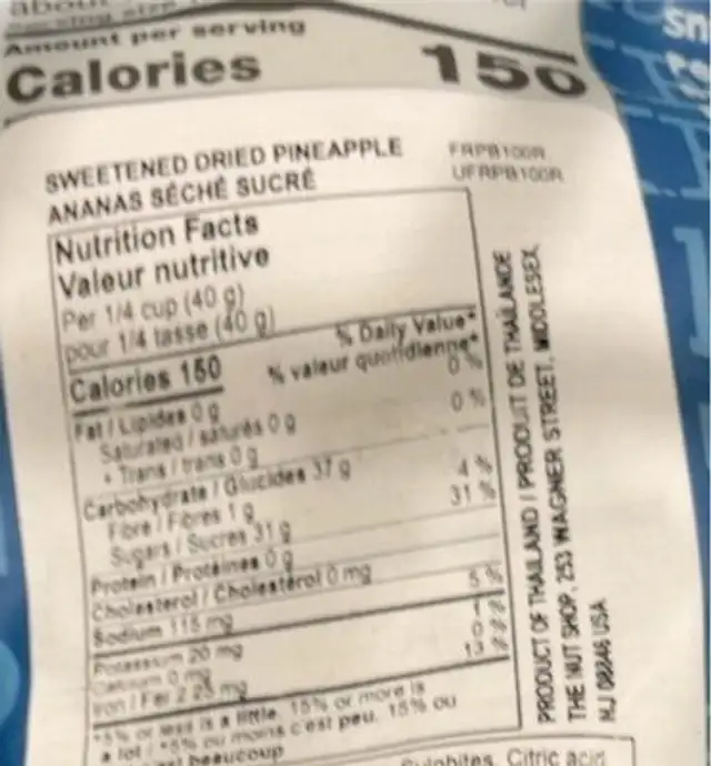 Sweetened dried pineapple tidbits nutrition facts table