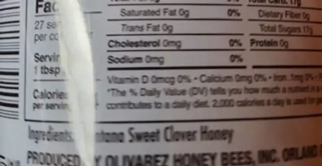 Montana Sweet Clover Honey nutrition facts table