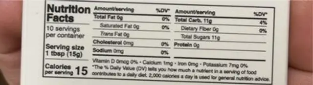 Honey sticks nutrition facts table