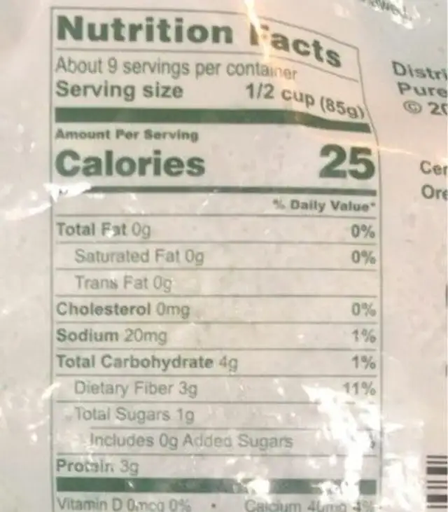 Organic broccoli florets nutrition facts table