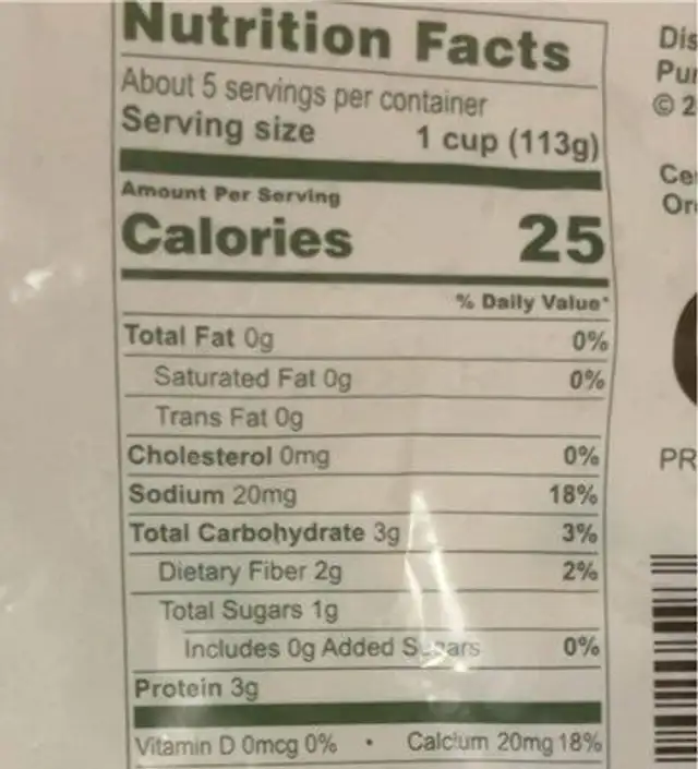 Organic Riced Cauliflower nutrition facts table