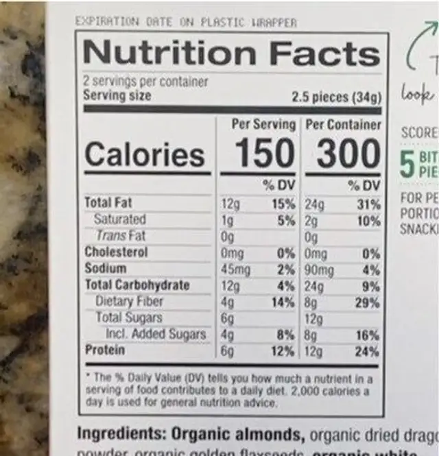 Almond Dragonfruit Bar nutrition facts table