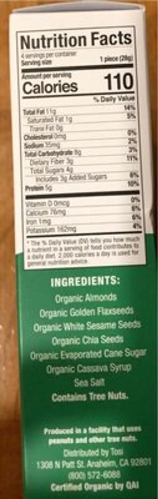 Tosi Almond Super Bites nutrition facts table