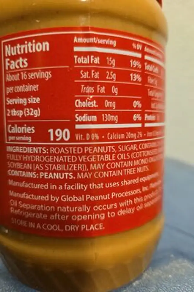 Peanut butter nutrition facts table