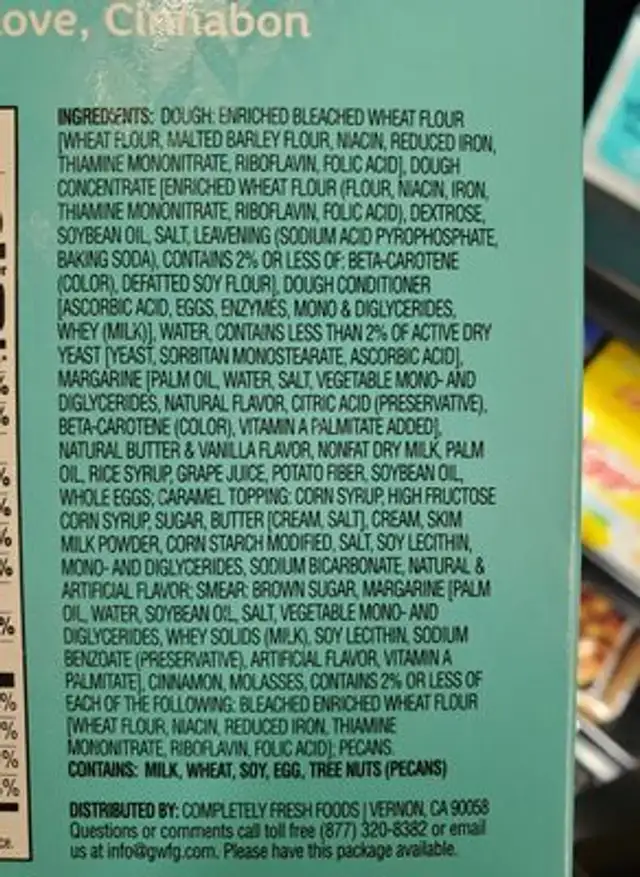 Caramel Pecan Rolls ingredients label